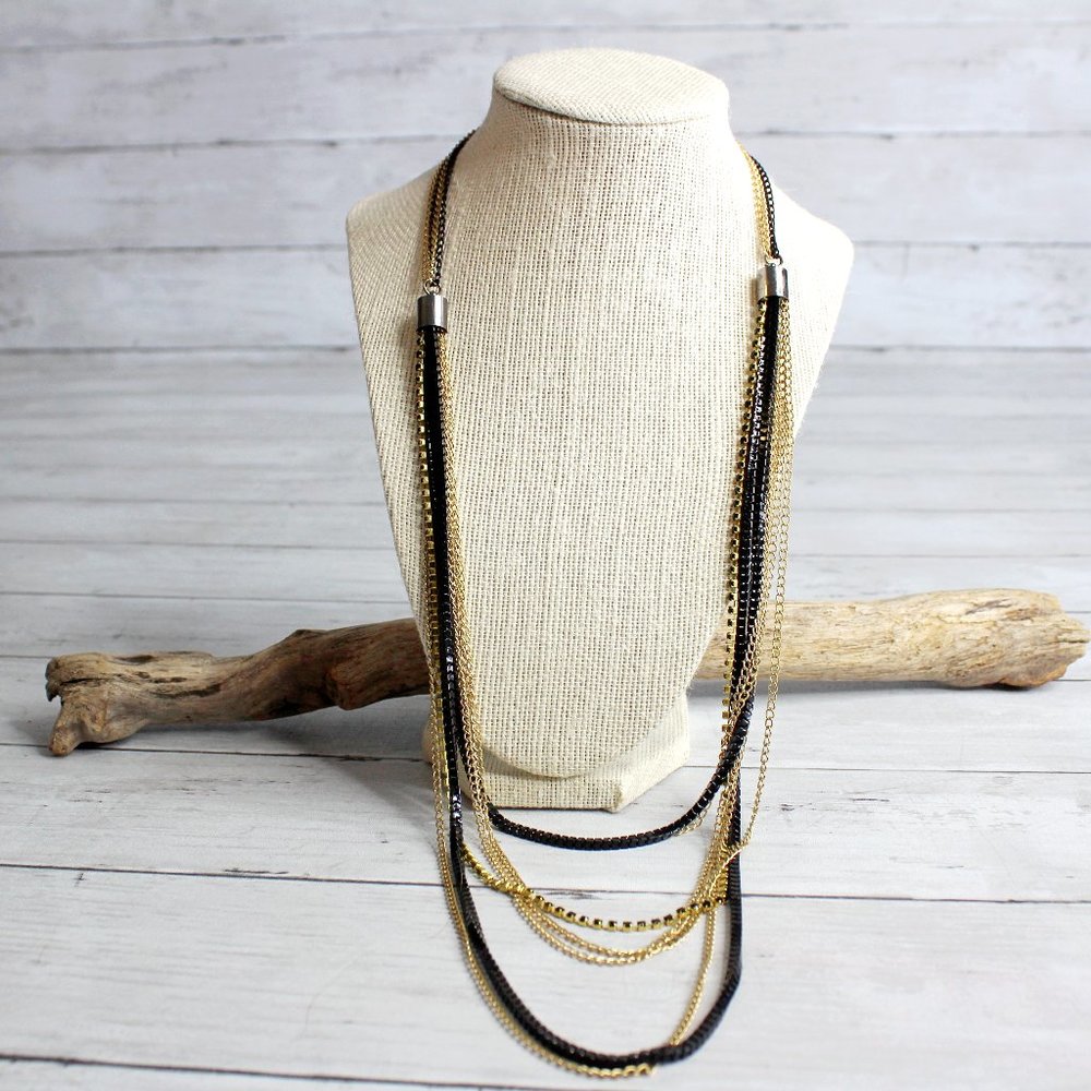 Handcrafted Women's Long Chain Necklace Artisan Jewelry Black Gold